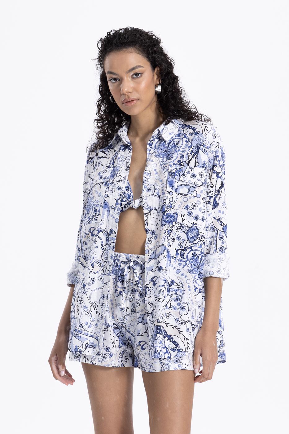 Bayan Beyaz Cotton Cep Detaylı Oversize Gömlek