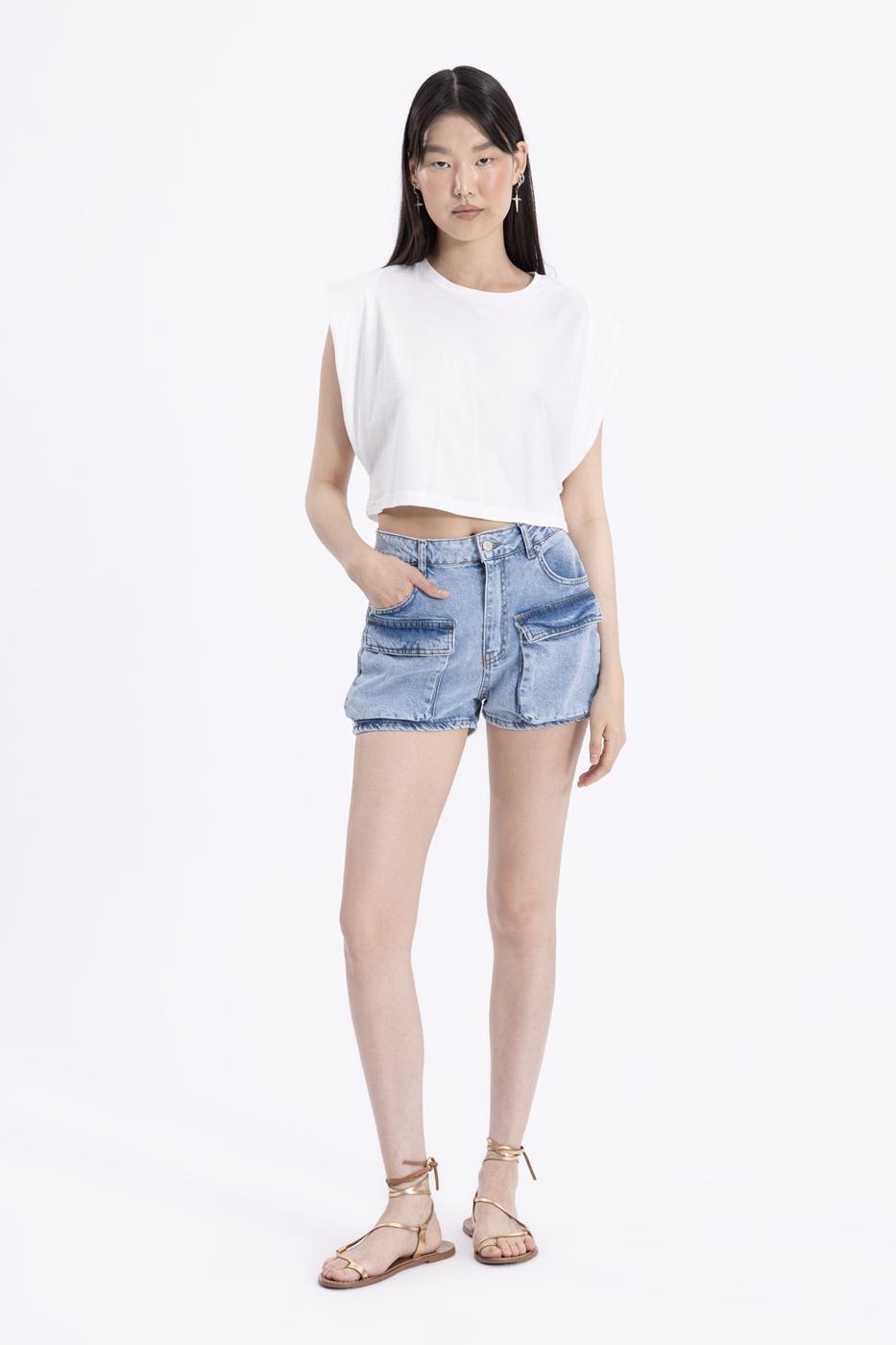 Bayan Mavi Denim Kargo Cep Mini Şort