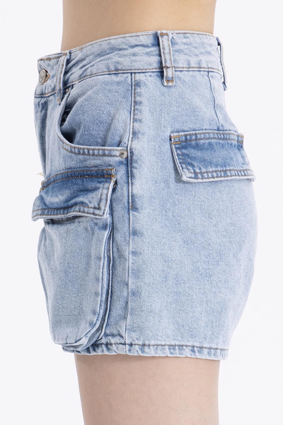 Bayan Mavi Denim Kargo Cep Mini Şort