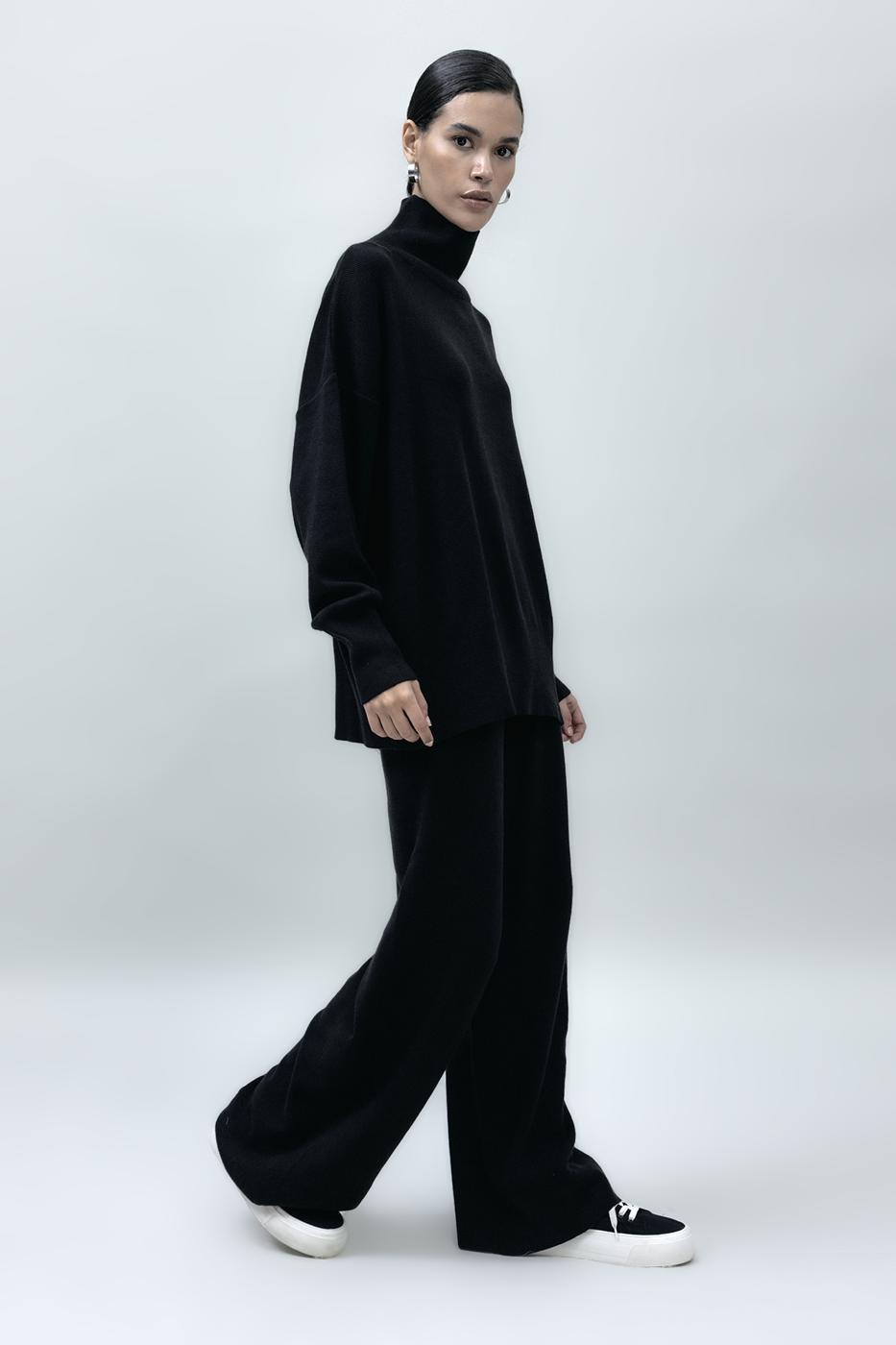 Bayan Siyah Bol Paça Triko Pantolon