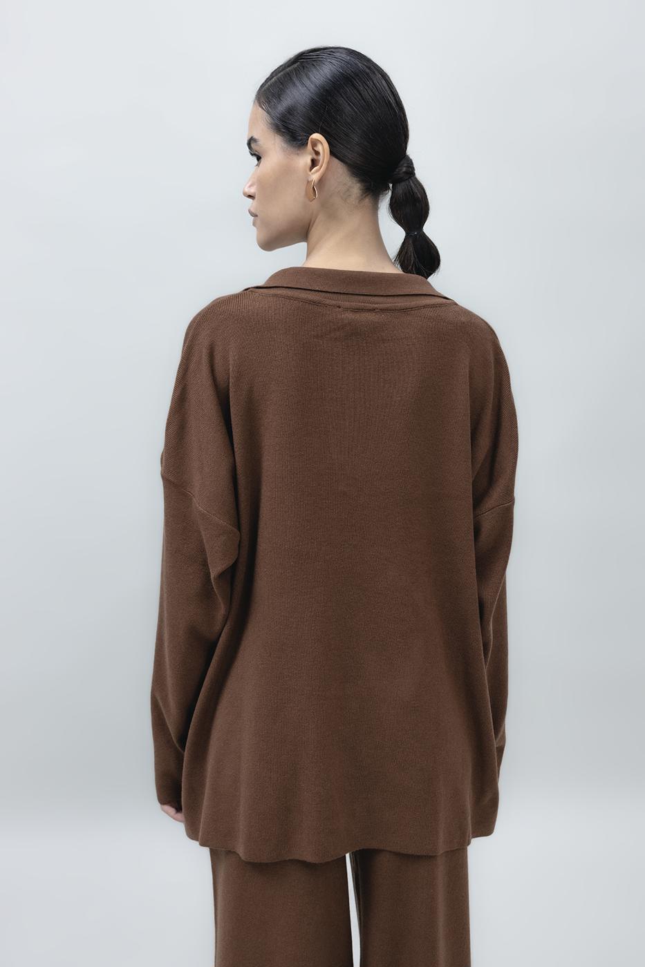 Bayan Kahverengi Yakalı Oversize Triko Kazak