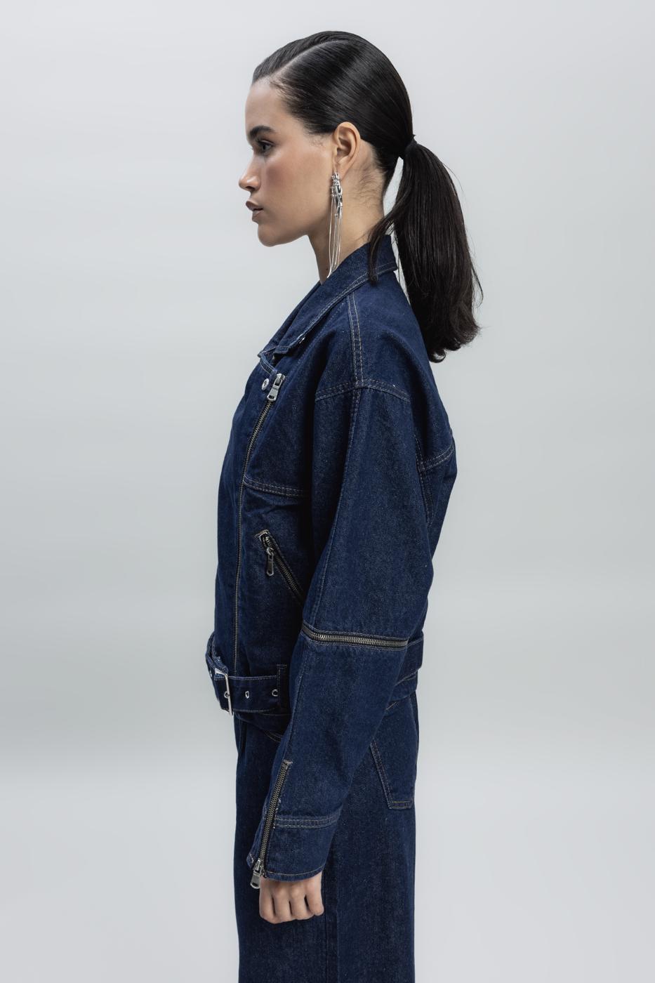Bayan Mavi Fermuar Detaylı Denim Mont