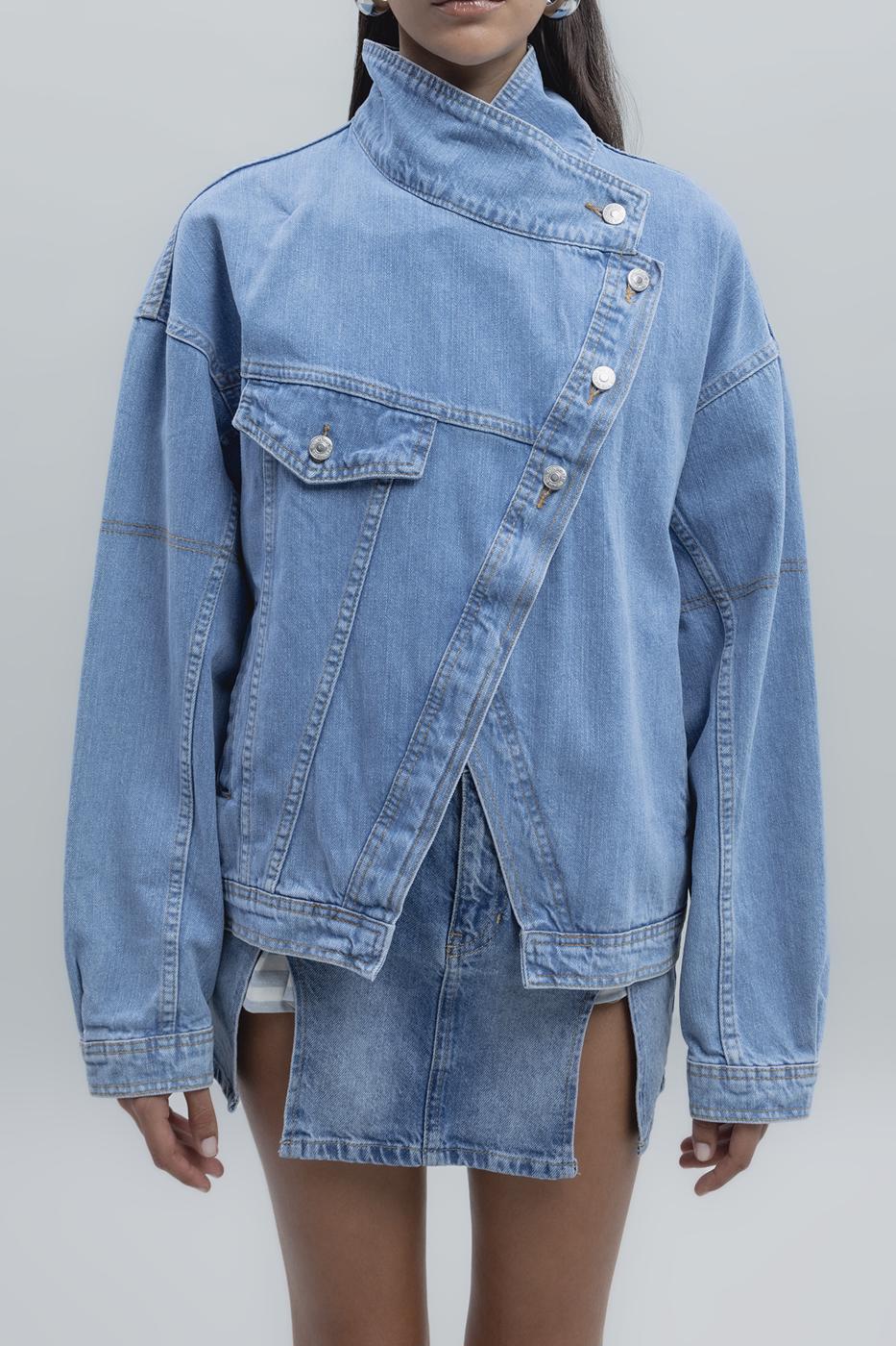 Bayan Mavi Asimetrik Kaplama Detaylı Denim Mont