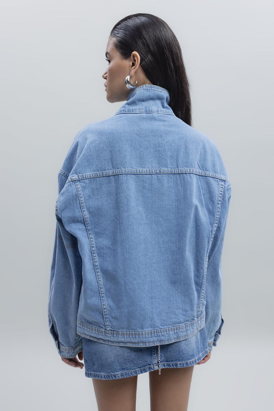 Bayan Mavi Asimetrik Kaplama Detaylı Denim Mont