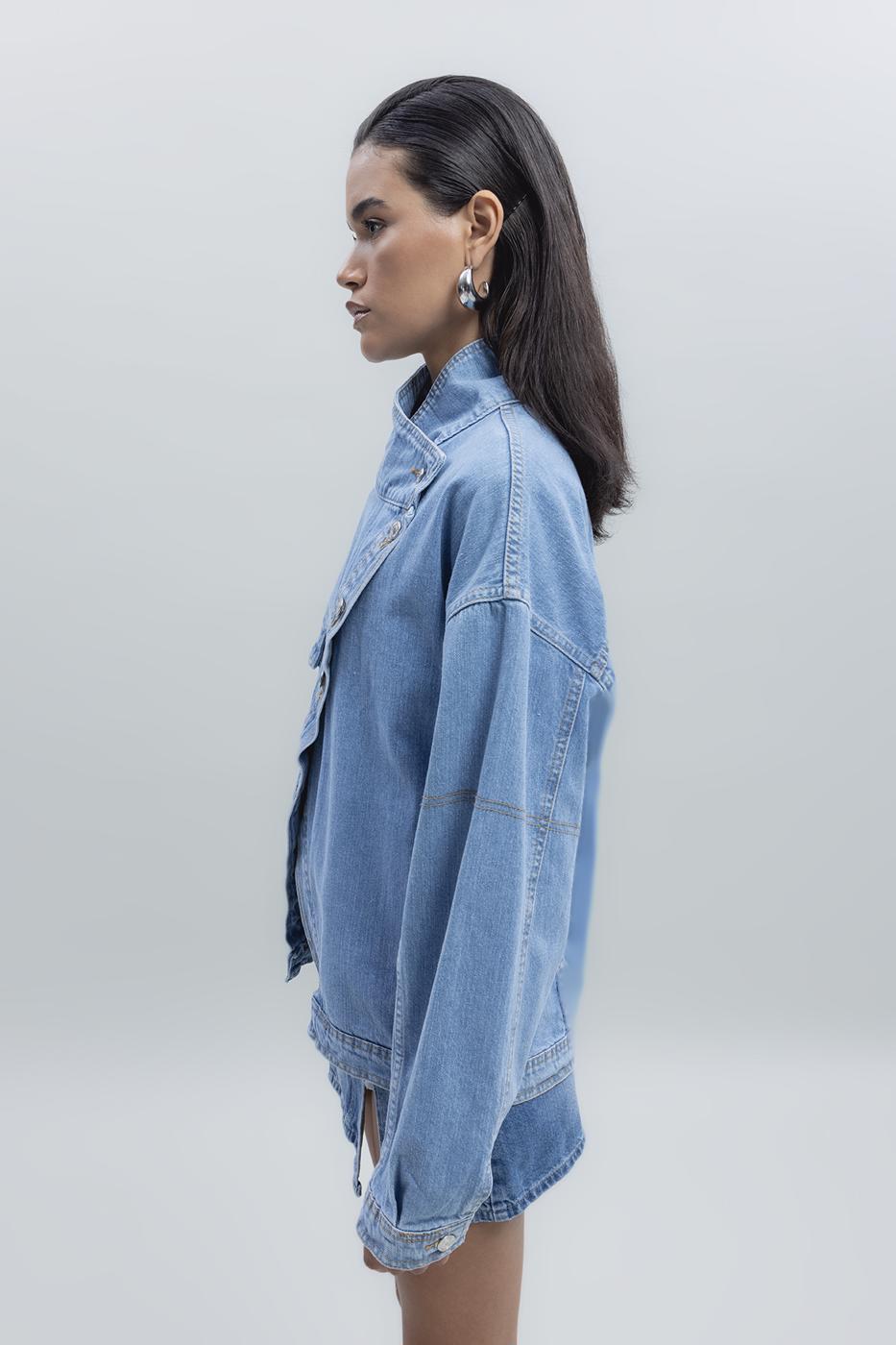 Bayan Mavi Asimetrik Kaplama Detaylı Denim Mont