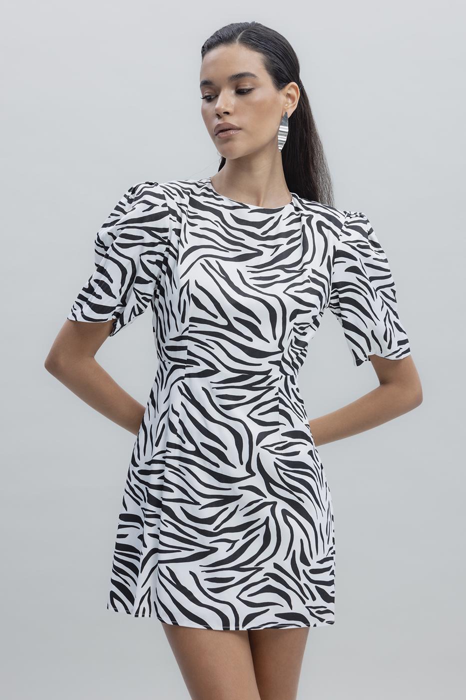 Bayan Beyaz Saten Zebra Desenli  Mini  Elbise