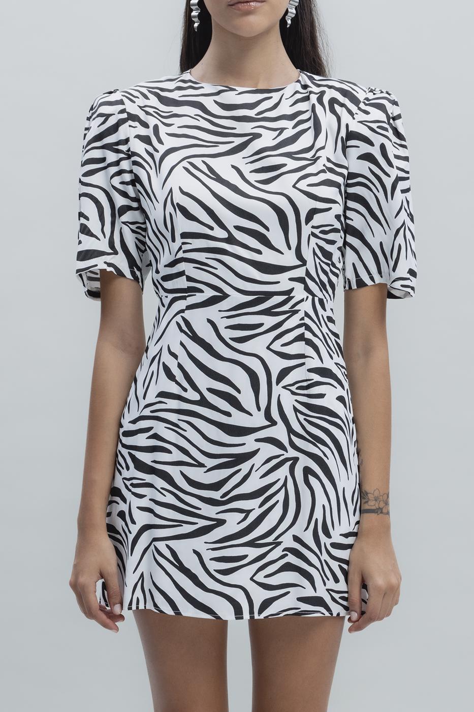 Bayan Beyaz Saten Zebra Desenli  Mini  Elbise
