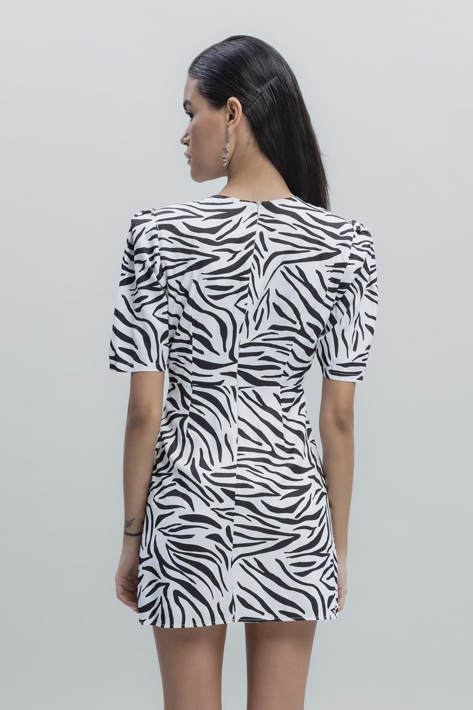 Bayan Beyaz Saten Zebra Desenli  Mini  Elbise