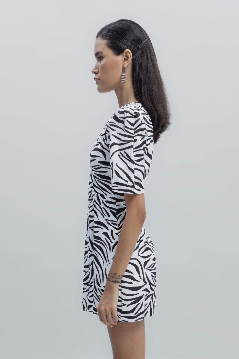 Bayan Beyaz Saten Zebra Desenli  Mini  Elbise