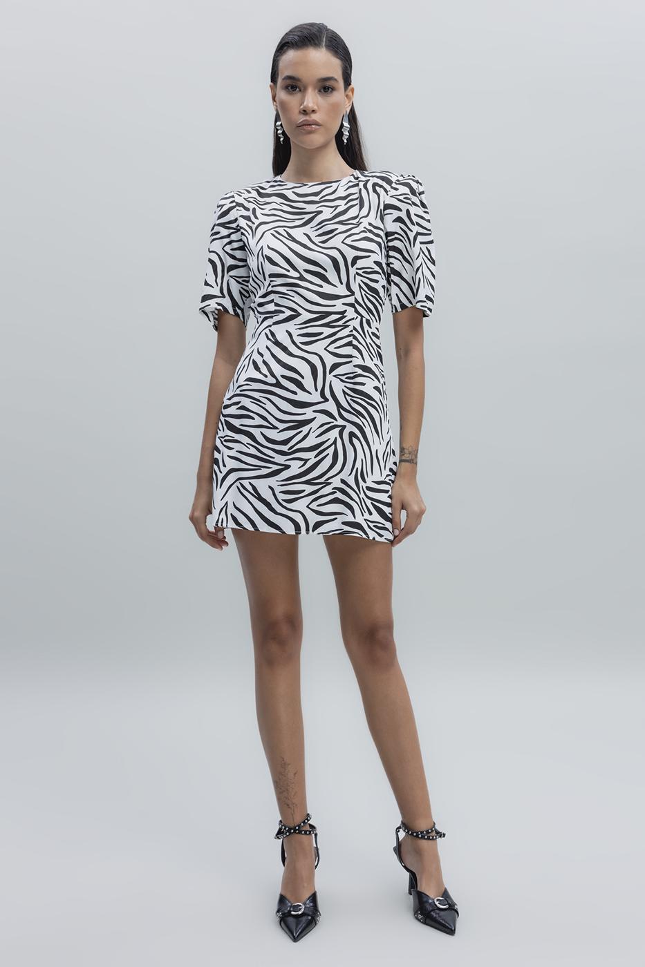 Bayan Beyaz Saten Zebra Desenli  Mini  Elbise