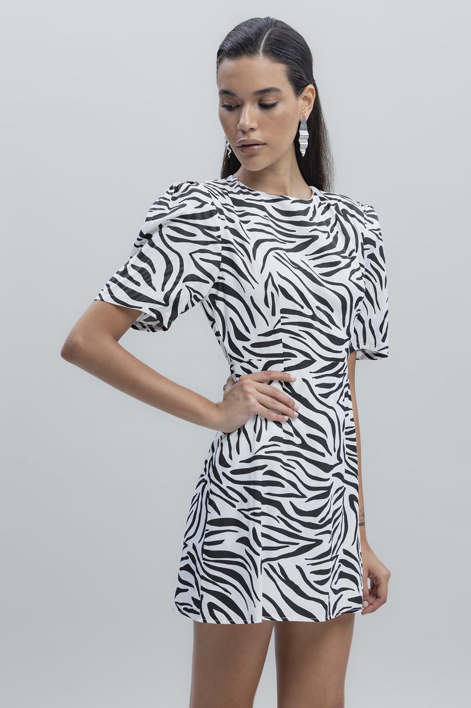 Bayan Beyaz Saten Zebra Desenli  Mini  Elbise