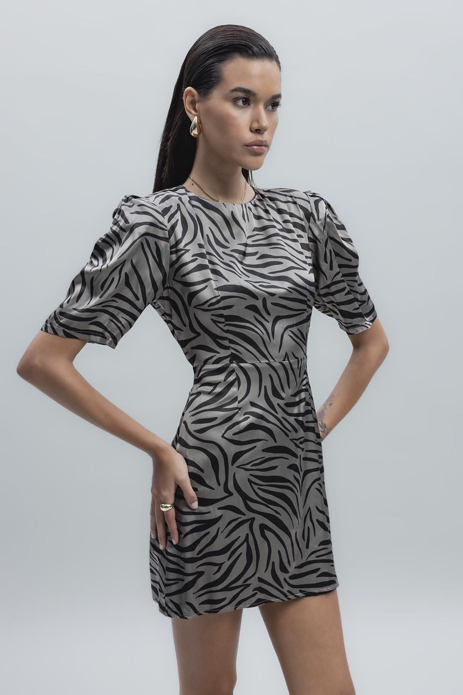 Bayan Vizon Saten Zebra Desenli  Mini  Elbise