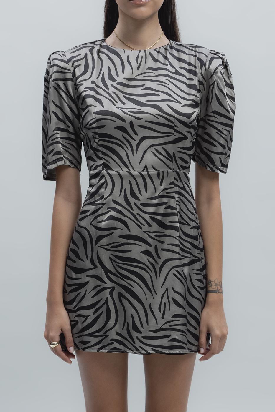 Bayan Vizon Saten Zebra Desenli  Mini  Elbise
