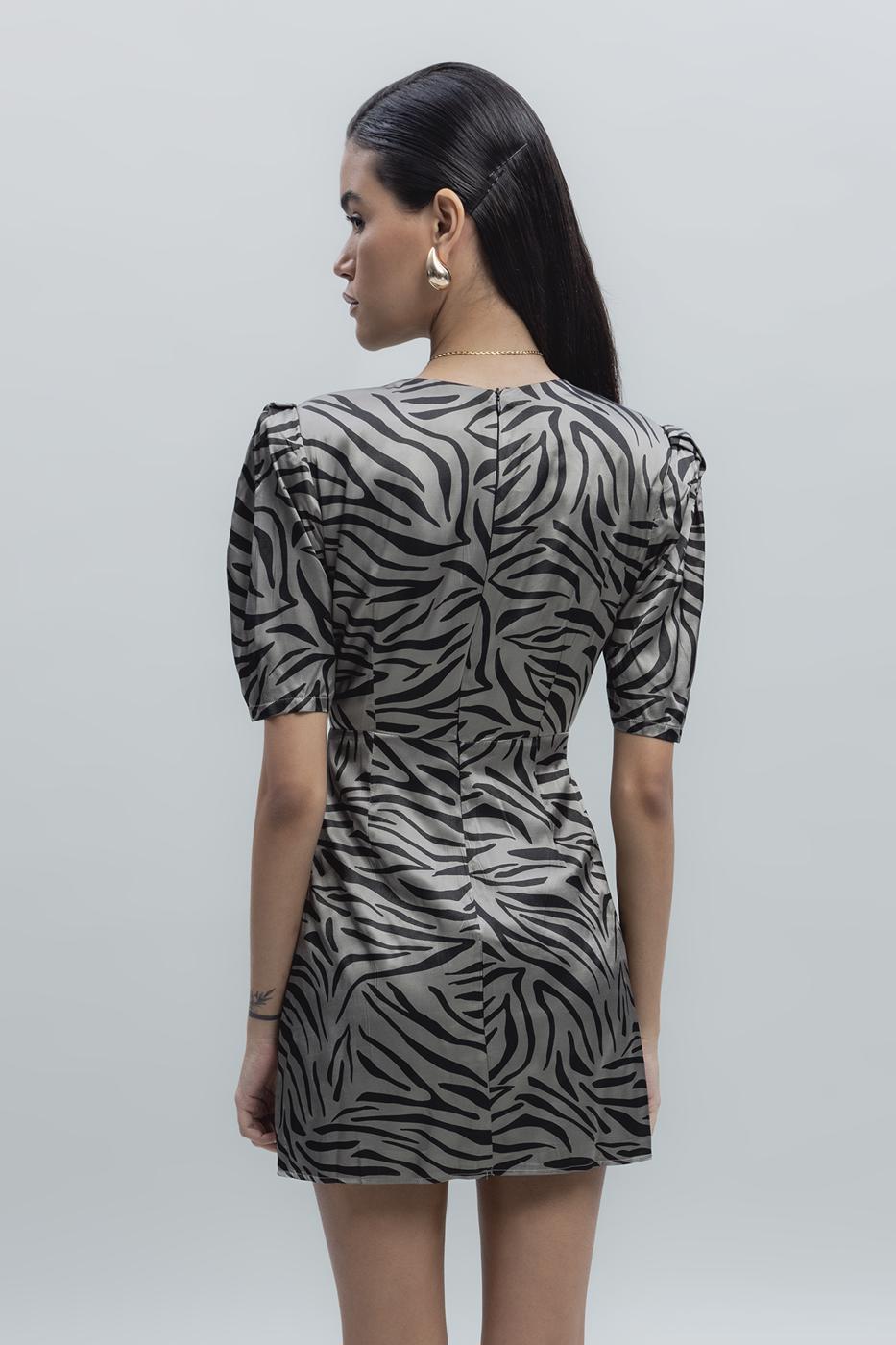 Bayan Vizon Saten Zebra Desenli  Mini  Elbise