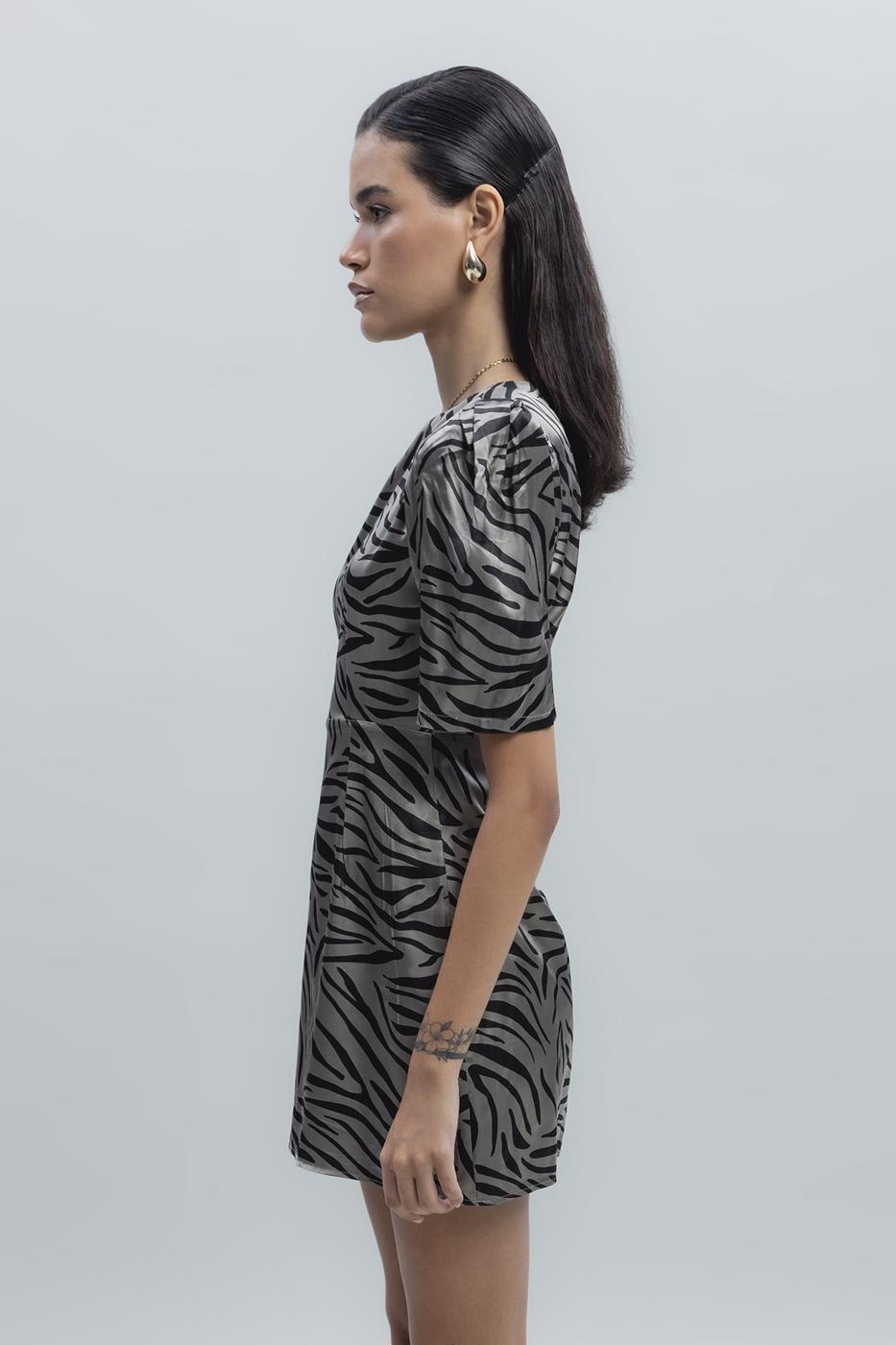 Bayan Vizon Saten Zebra Desenli  Mini  Elbise