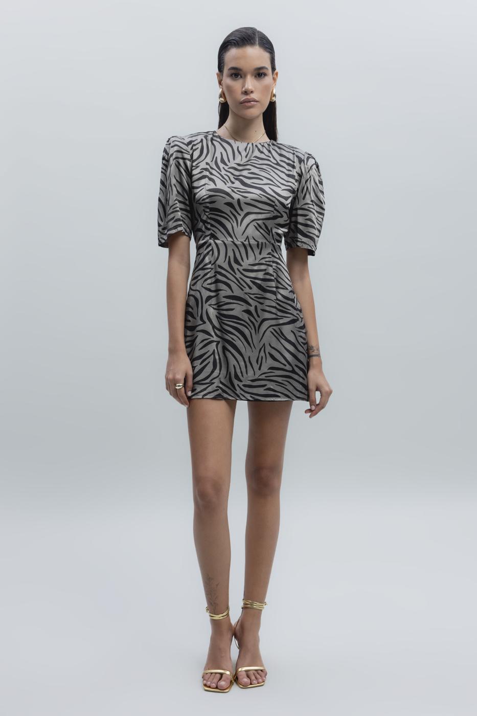 Bayan Vizon Saten Zebra Desenli  Mini  Elbise