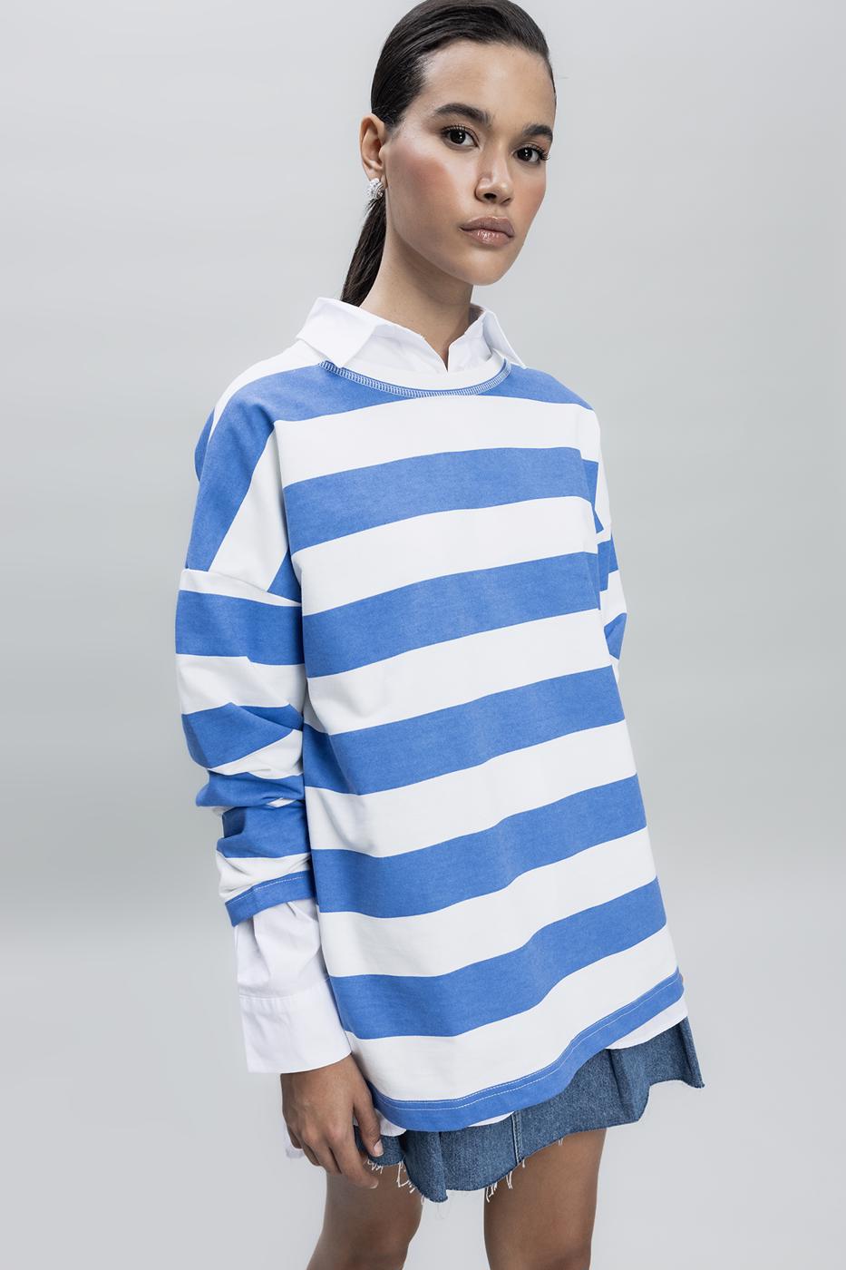 Bayan Mavi Çizgili Oversize Basıc SweatShırt