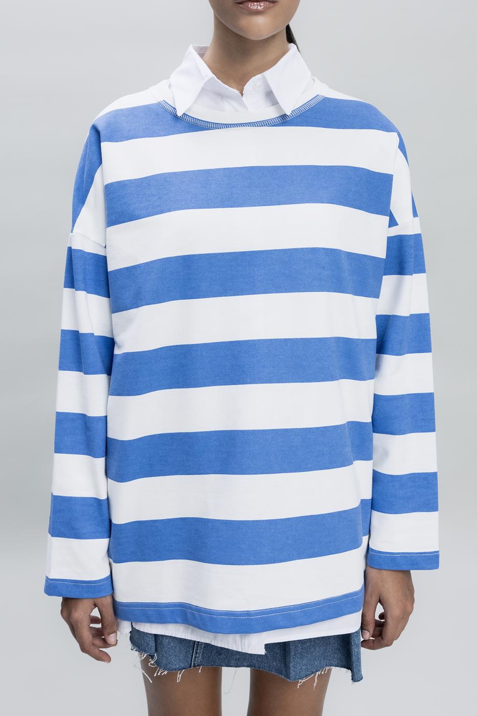 Bayan Mavi Çizgili Oversize Basıc SweatShırt