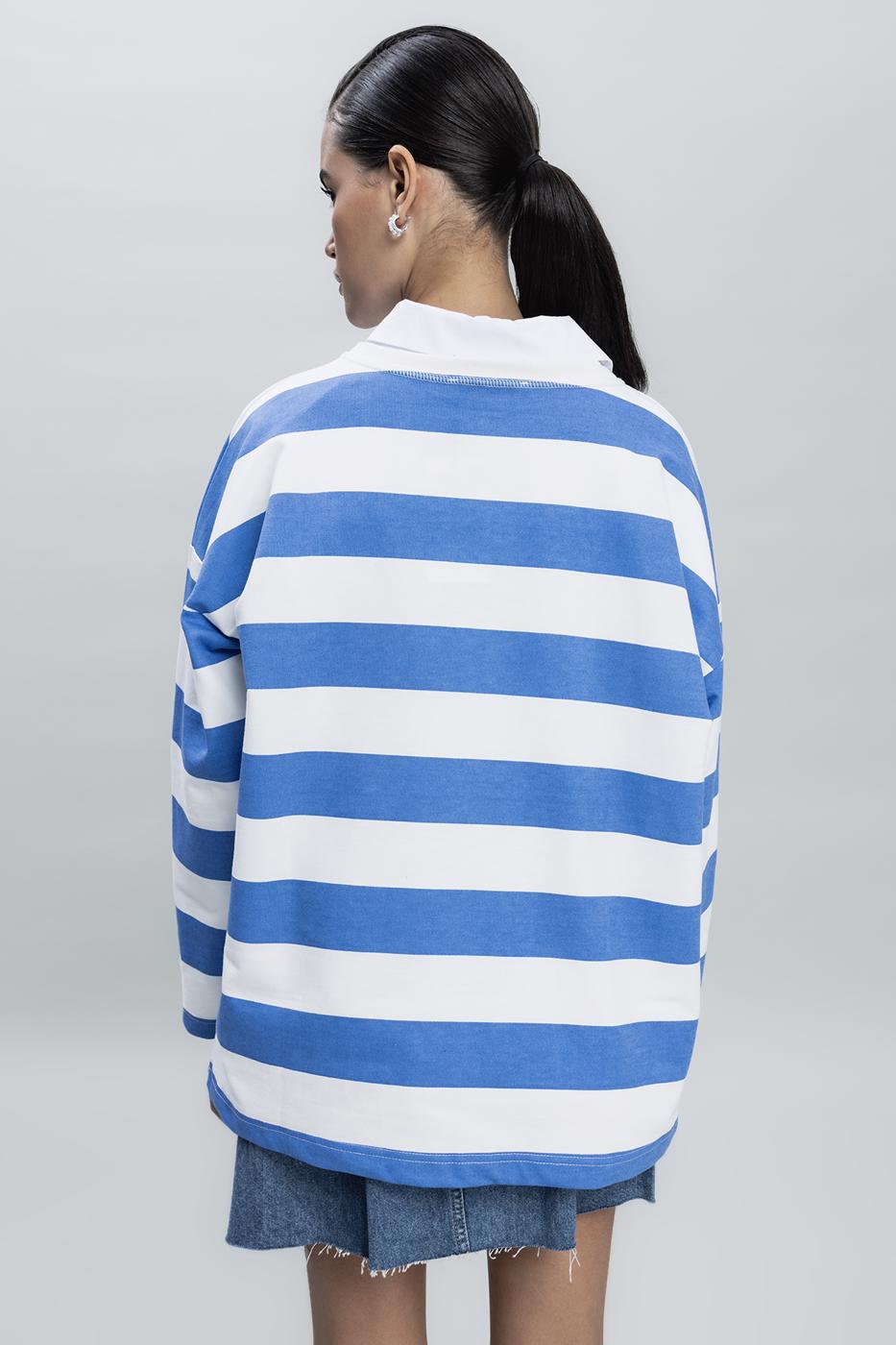 Bayan Mavi Çizgili Oversize Basıc SweatShırt