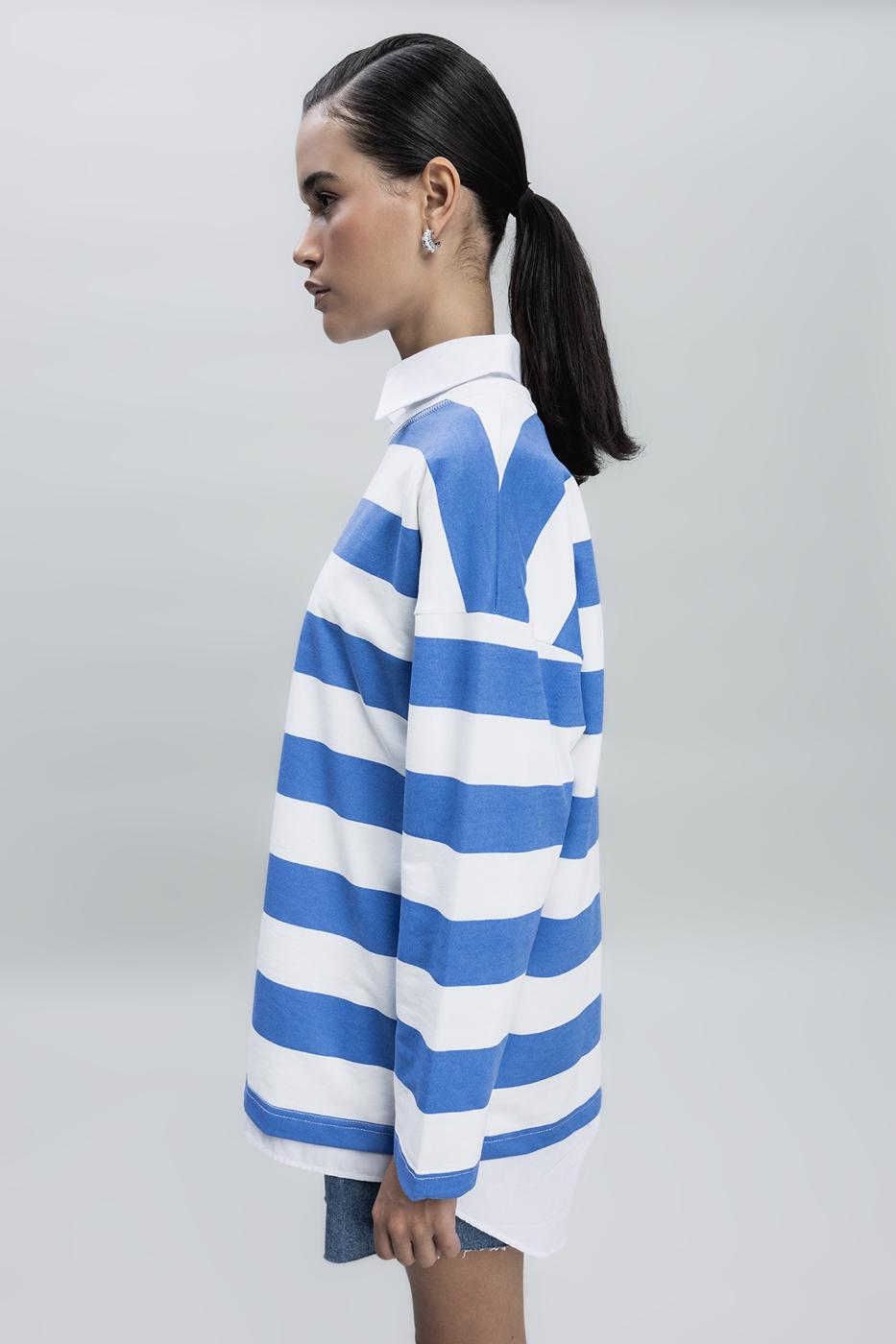 Bayan Mavi Çizgili Oversize Basıc SweatShırt