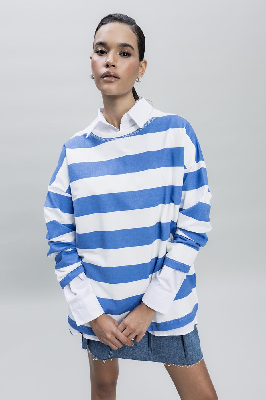Bayan Mavi Çizgili Oversize Basıc SweatShırt
