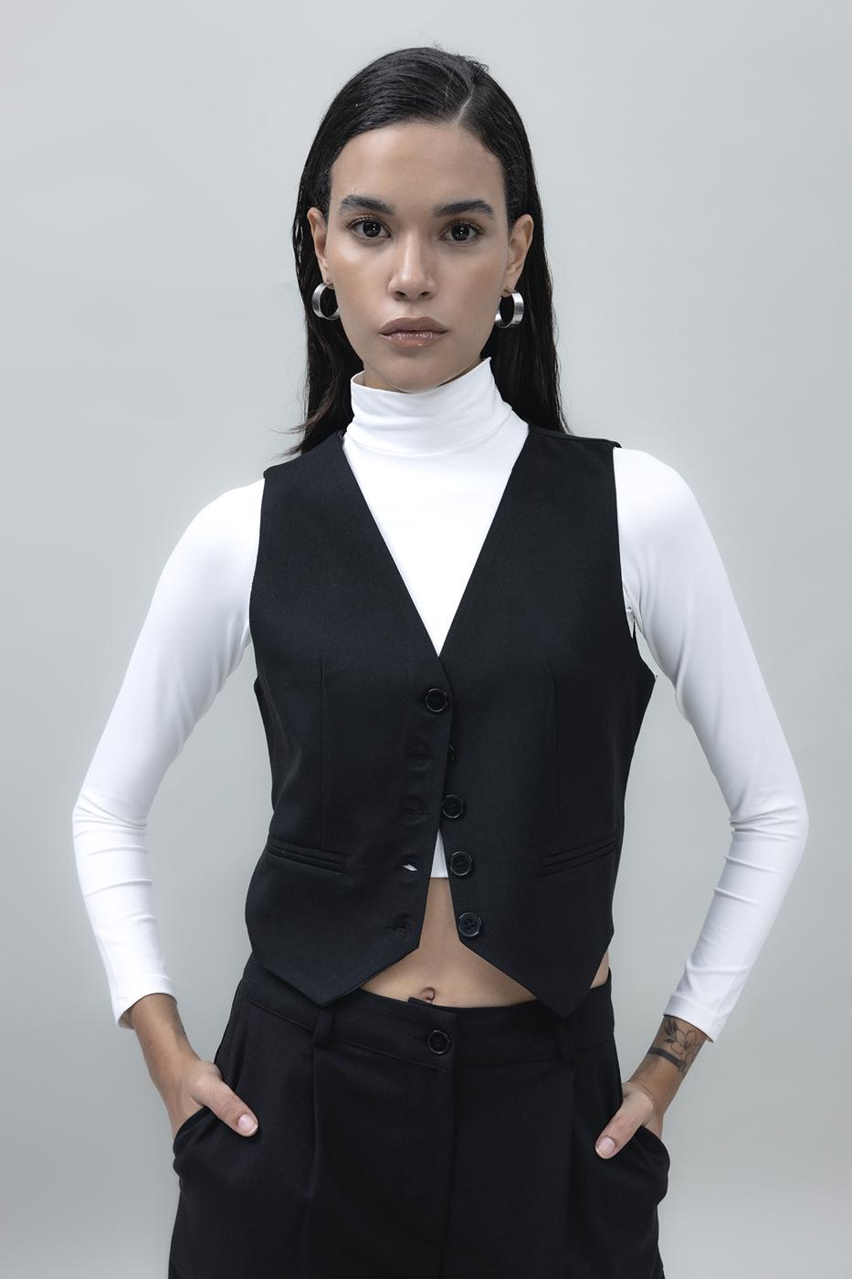 Bayan Siyah Crop Fit Yelek