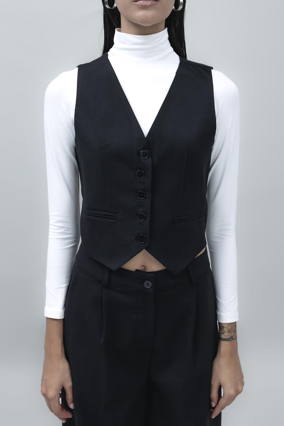 Bayan Siyah Crop Fit Yelek