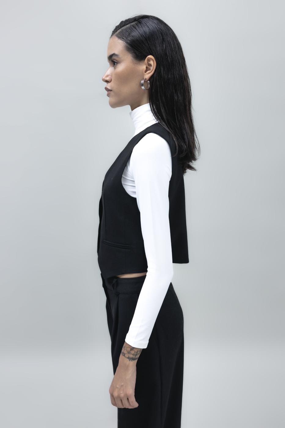 Bayan Siyah Crop Fit Yelek