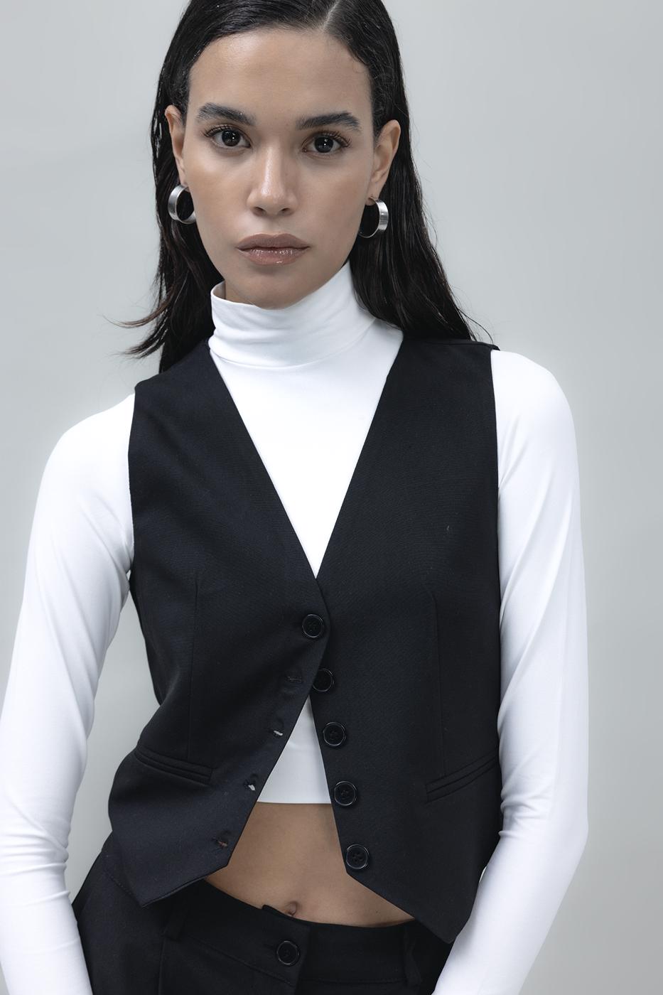 Bayan Siyah Crop Fit Yelek