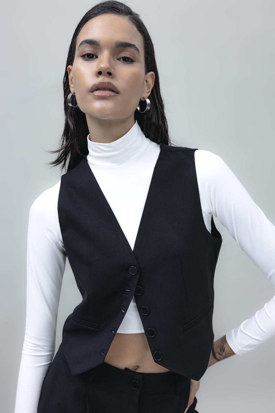 Bayan Siyah Crop Fit Yelek