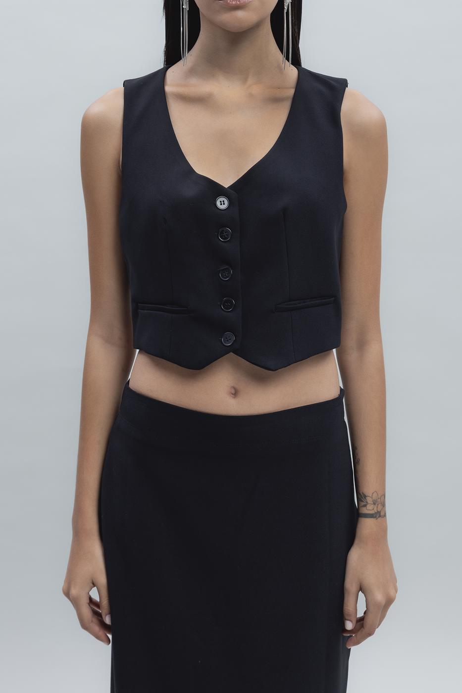Bayan Siyah Crop Fit Yelek