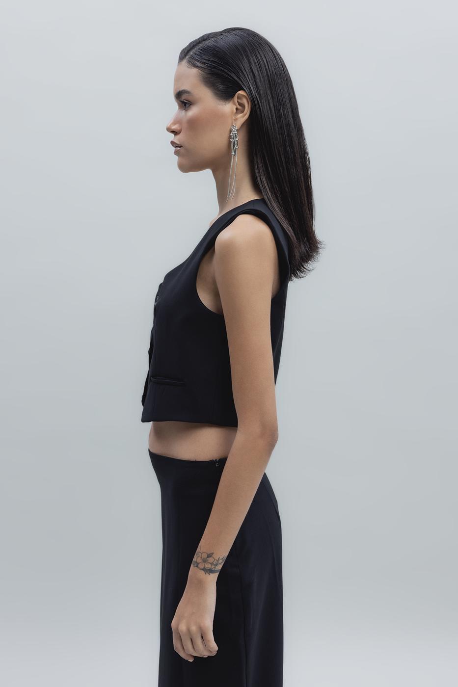 Bayan Siyah Crop Fit Yelek