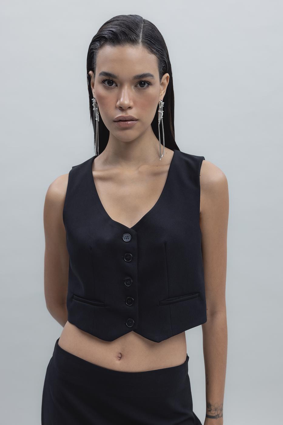Bayan Siyah Crop Fit Yelek