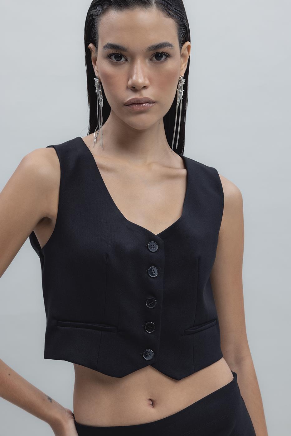 Bayan Siyah Crop Fit Yelek