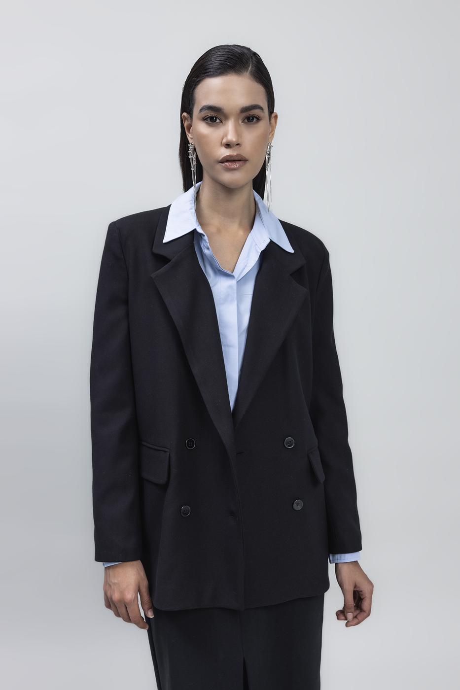 Bayan Siyah Kruvaze Blazer Ceket