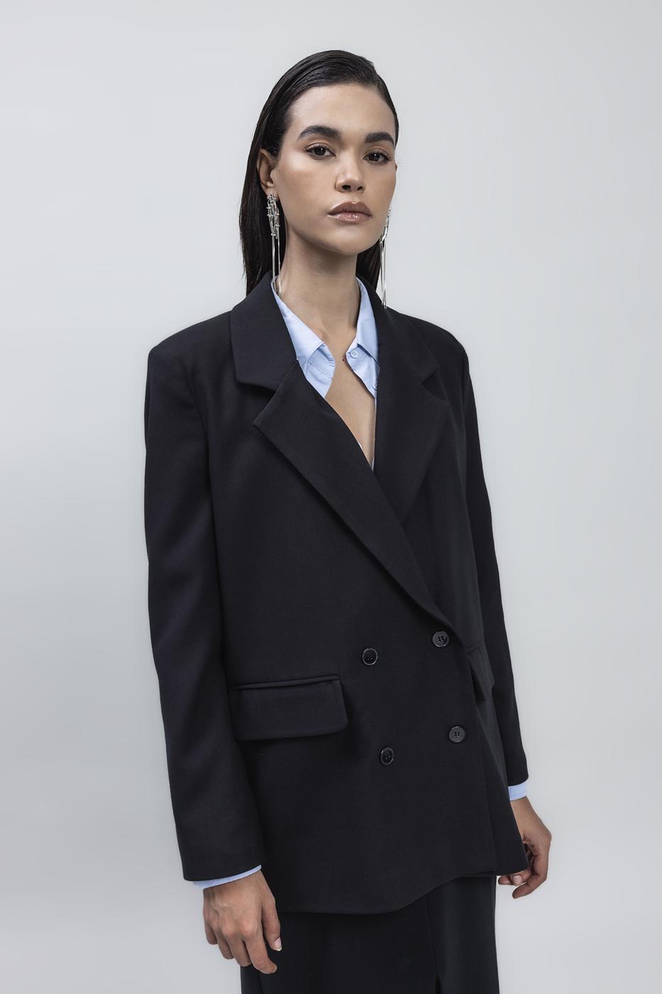 Bayan Siyah Kruvaze Blazer Ceket