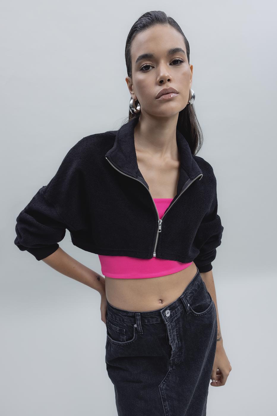Bayan Siyah Crop Dik Yaka Sweatshirt