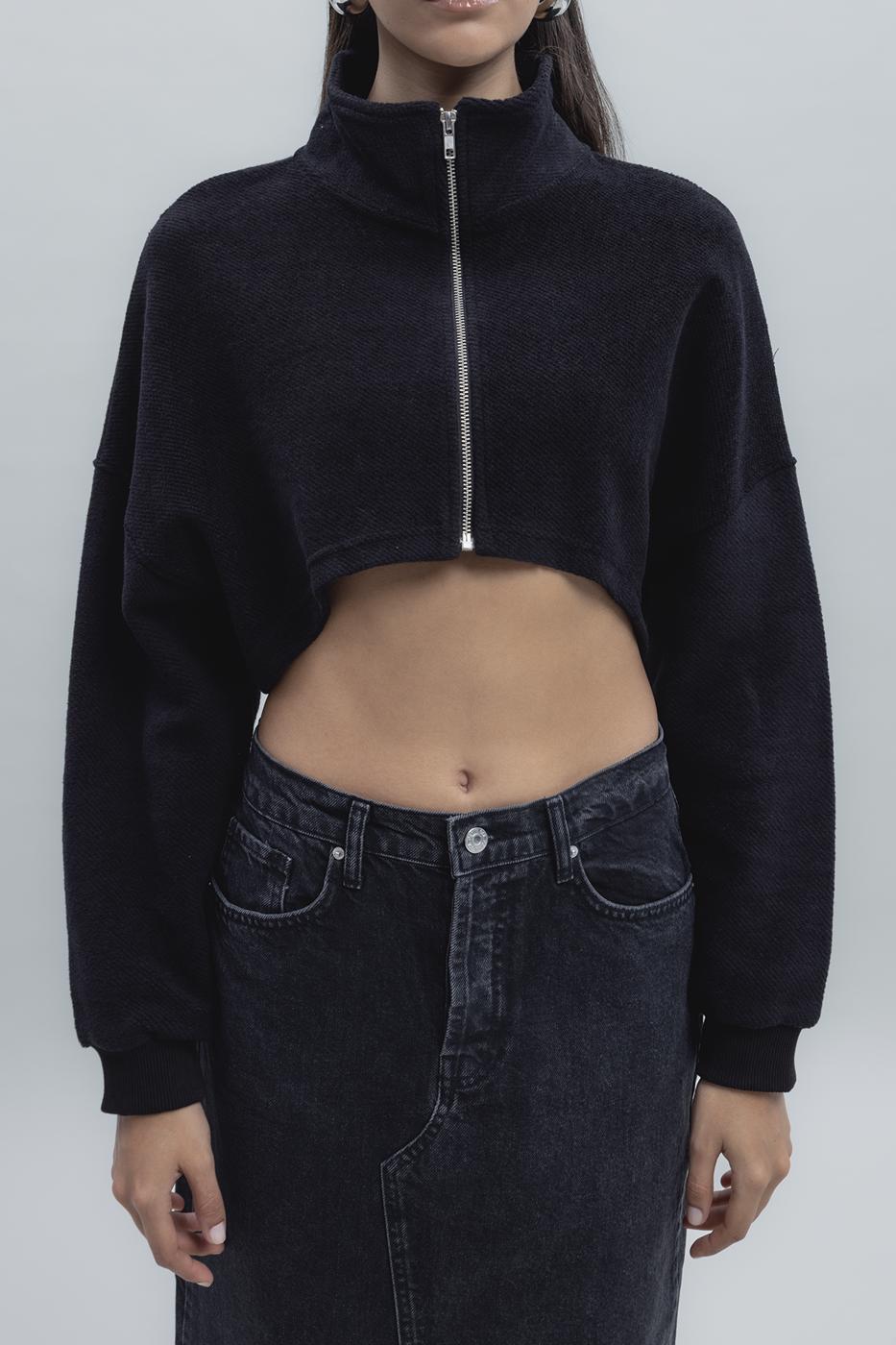 Bayan Siyah Crop Dik Yaka Sweatshirt