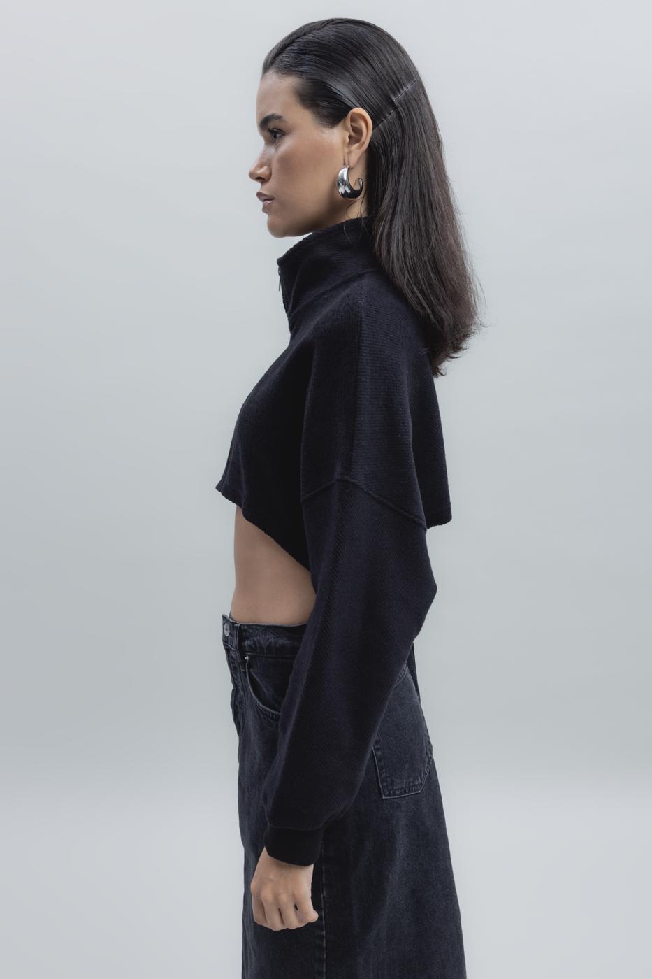 Bayan Siyah Crop Dik Yaka Sweatshirt
