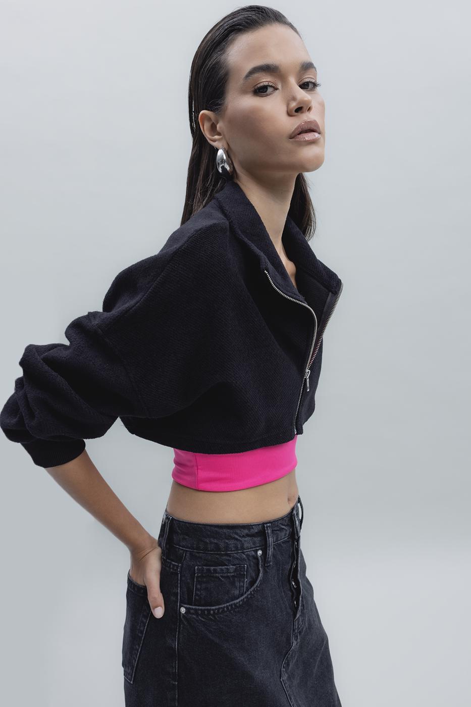Bayan Siyah Crop Dik Yaka Sweatshirt