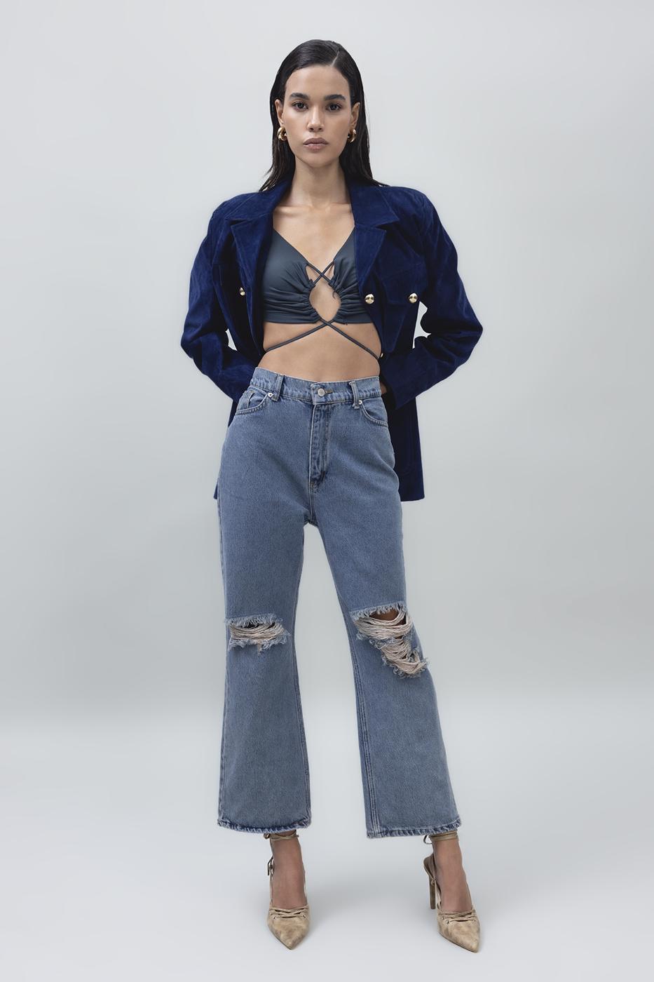 Bayan Mavi Yıpratmalı Bilek Boy Denim Pantolon