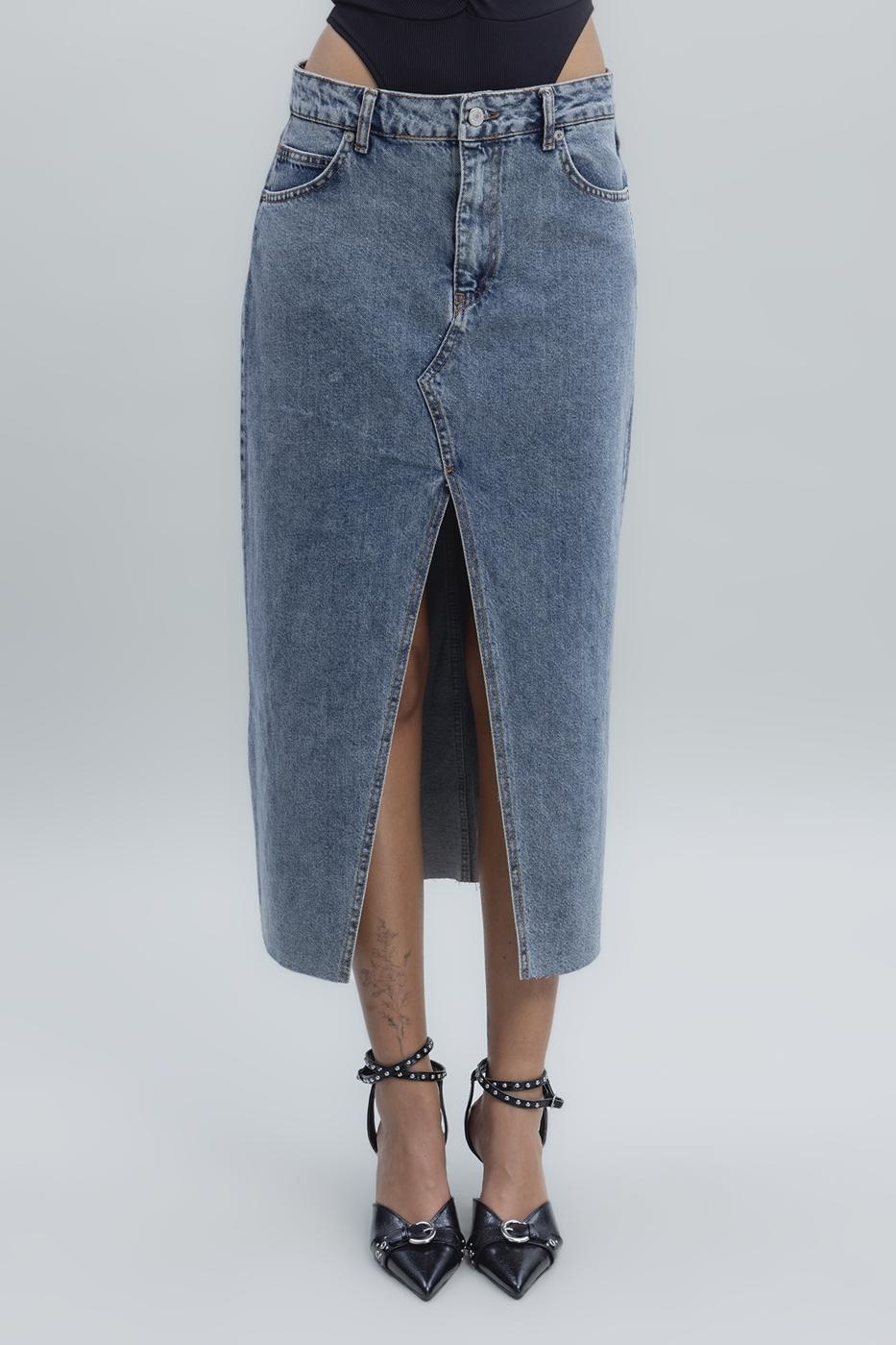 Bayan Mavi Yırtmaçlı Denim Etek