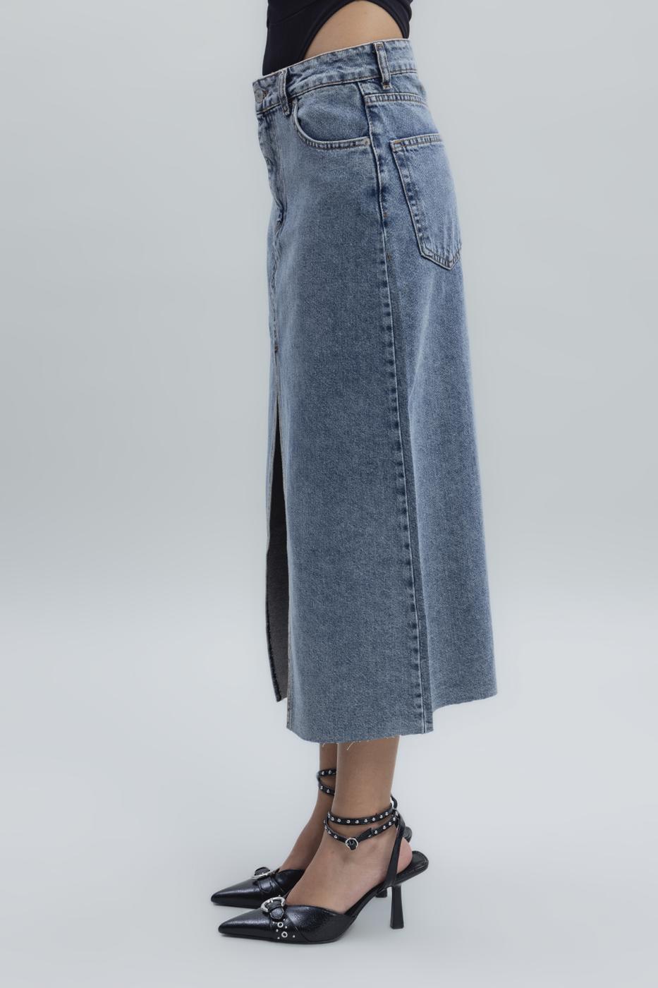 Bayan Mavi Yırtmaçlı Denim Etek