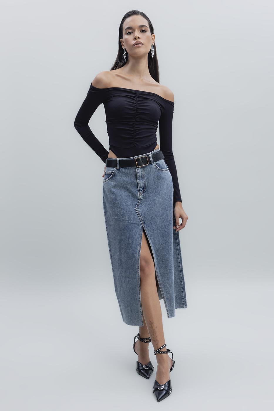 Bayan Mavi Yırtmaçlı Denim Etek