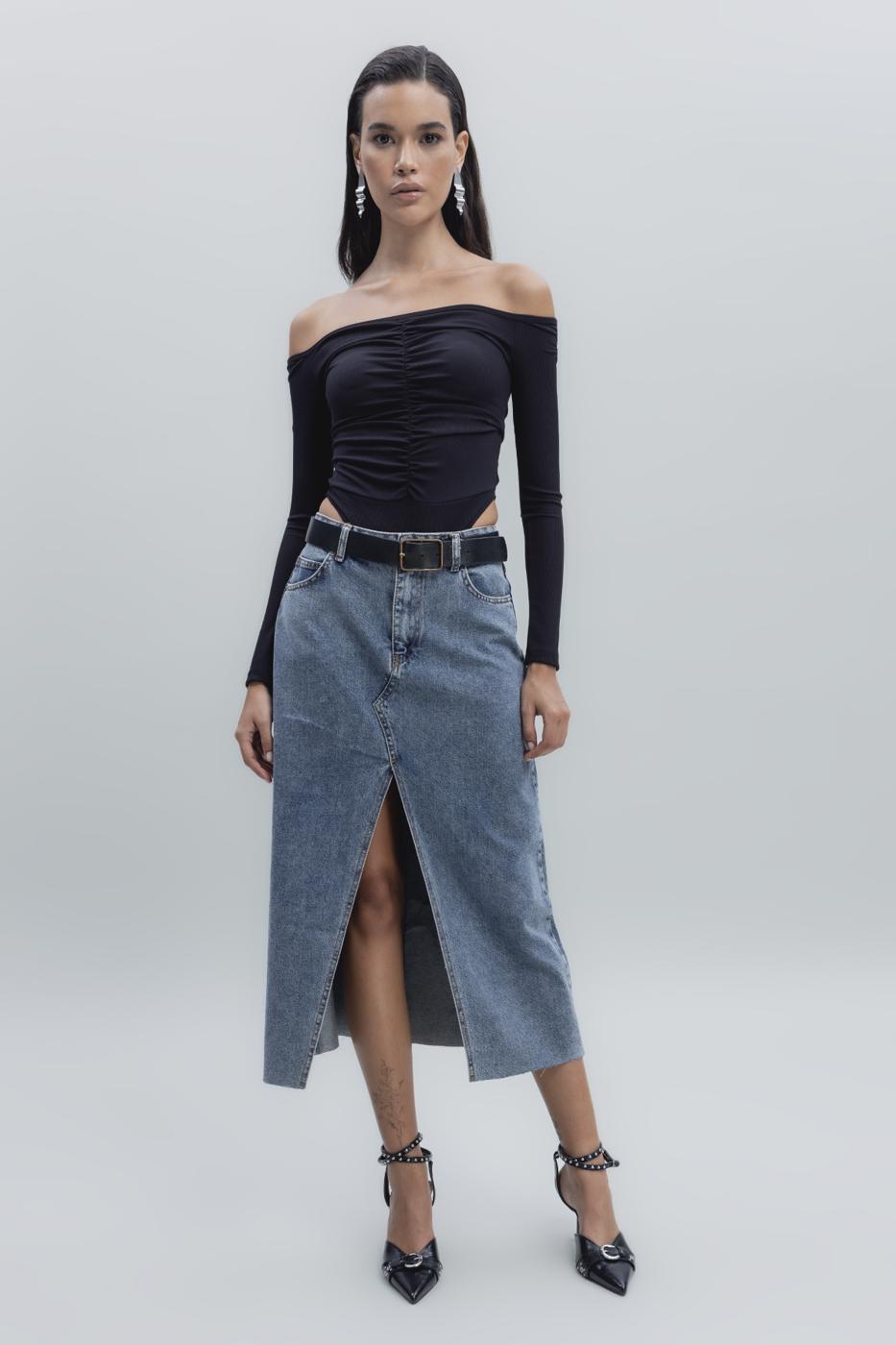 Bayan Mavi Yırtmaçlı Denim Etek