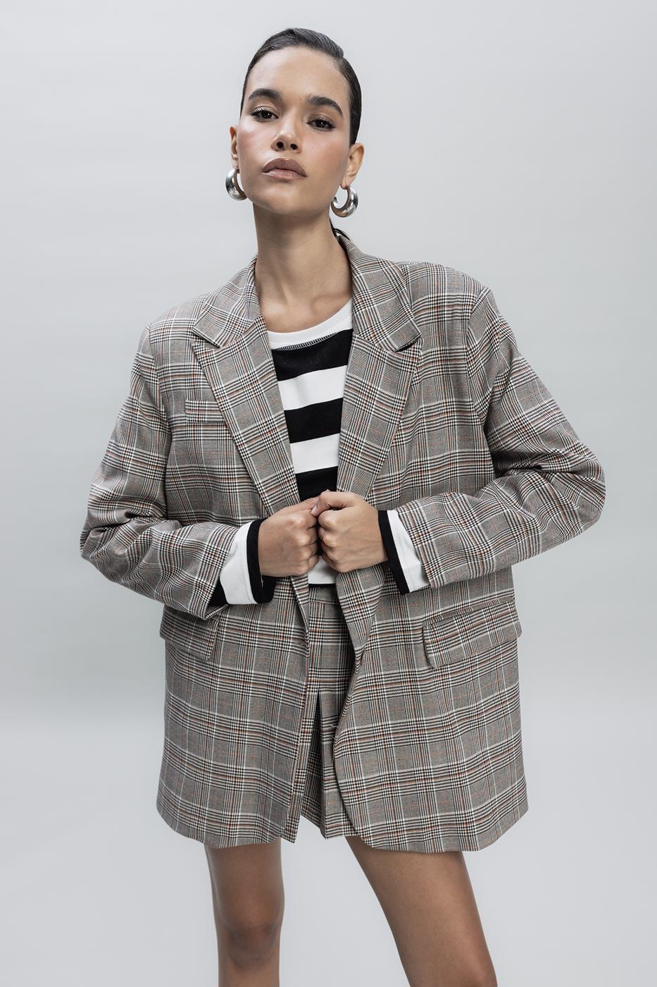 Bayan Gri Ekoseli Oversize Blazer Ceket