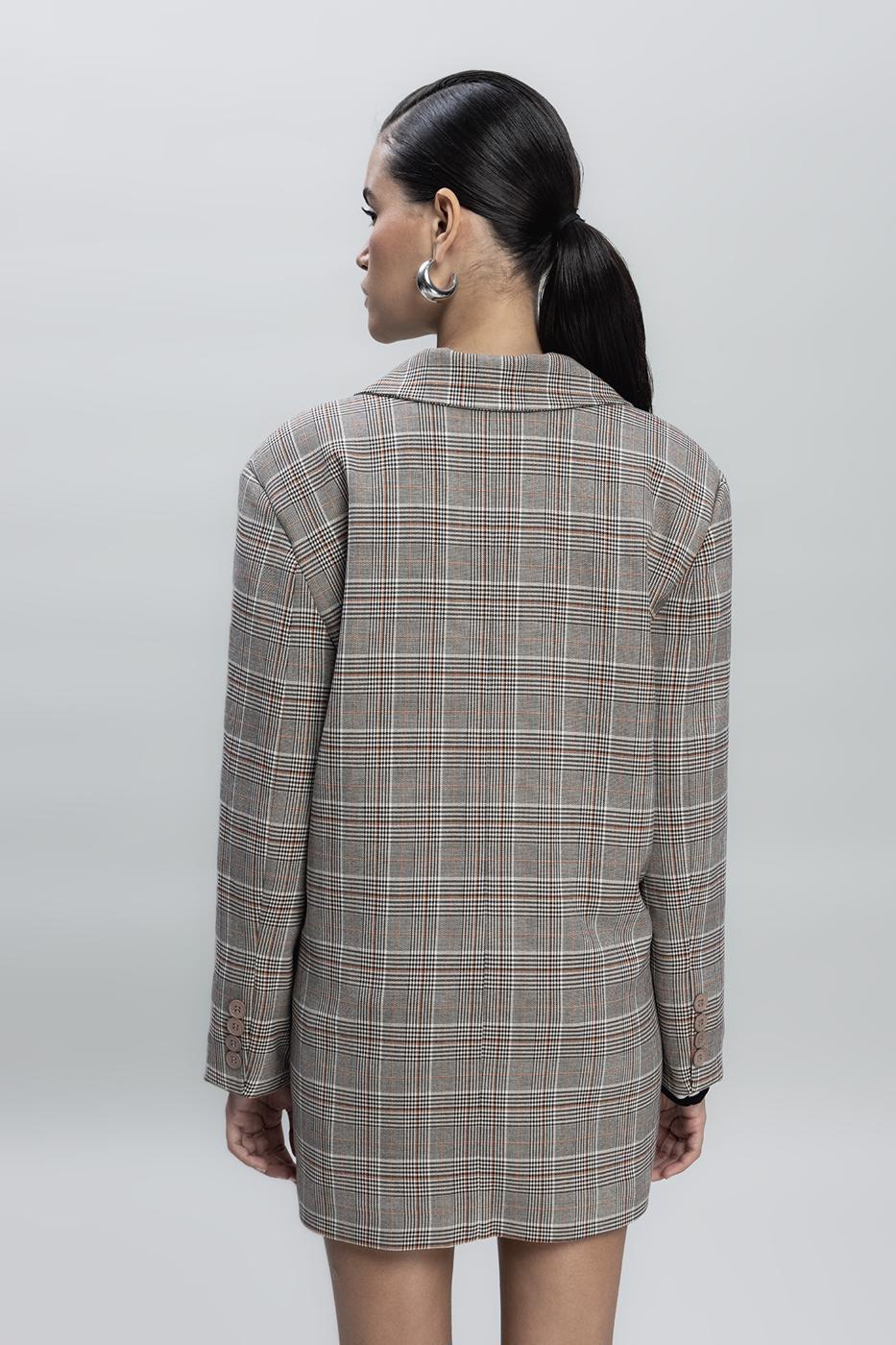Bayan Gri Ekoseli Oversize Blazer Ceket