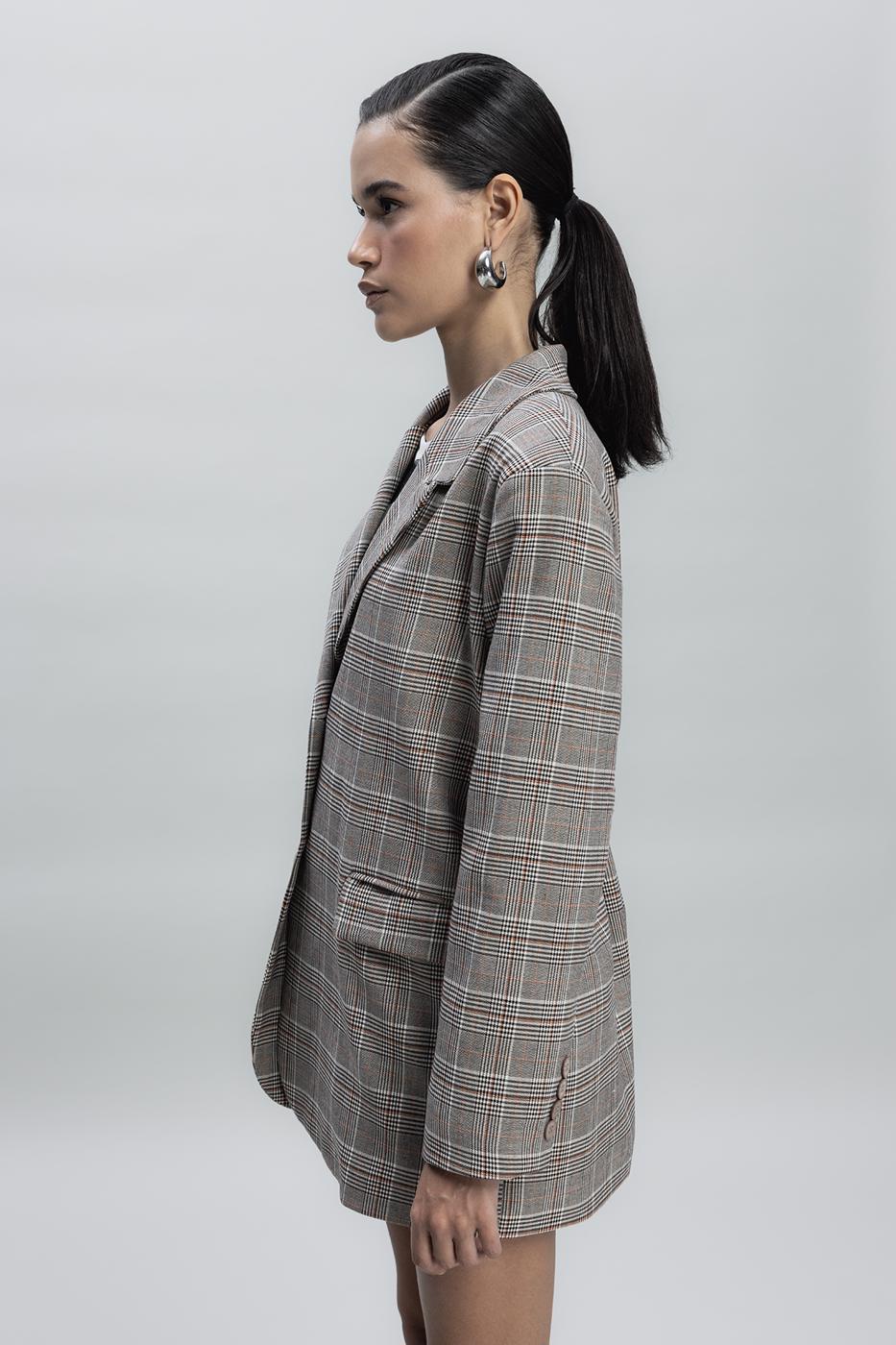 Bayan Gri Ekoseli Oversize Blazer Ceket