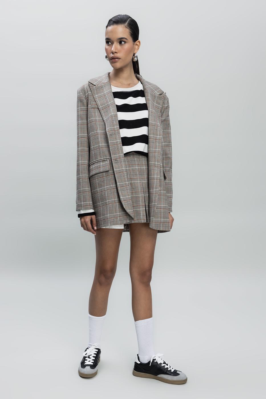 Bayan Gri Ekoseli Oversize Blazer Ceket