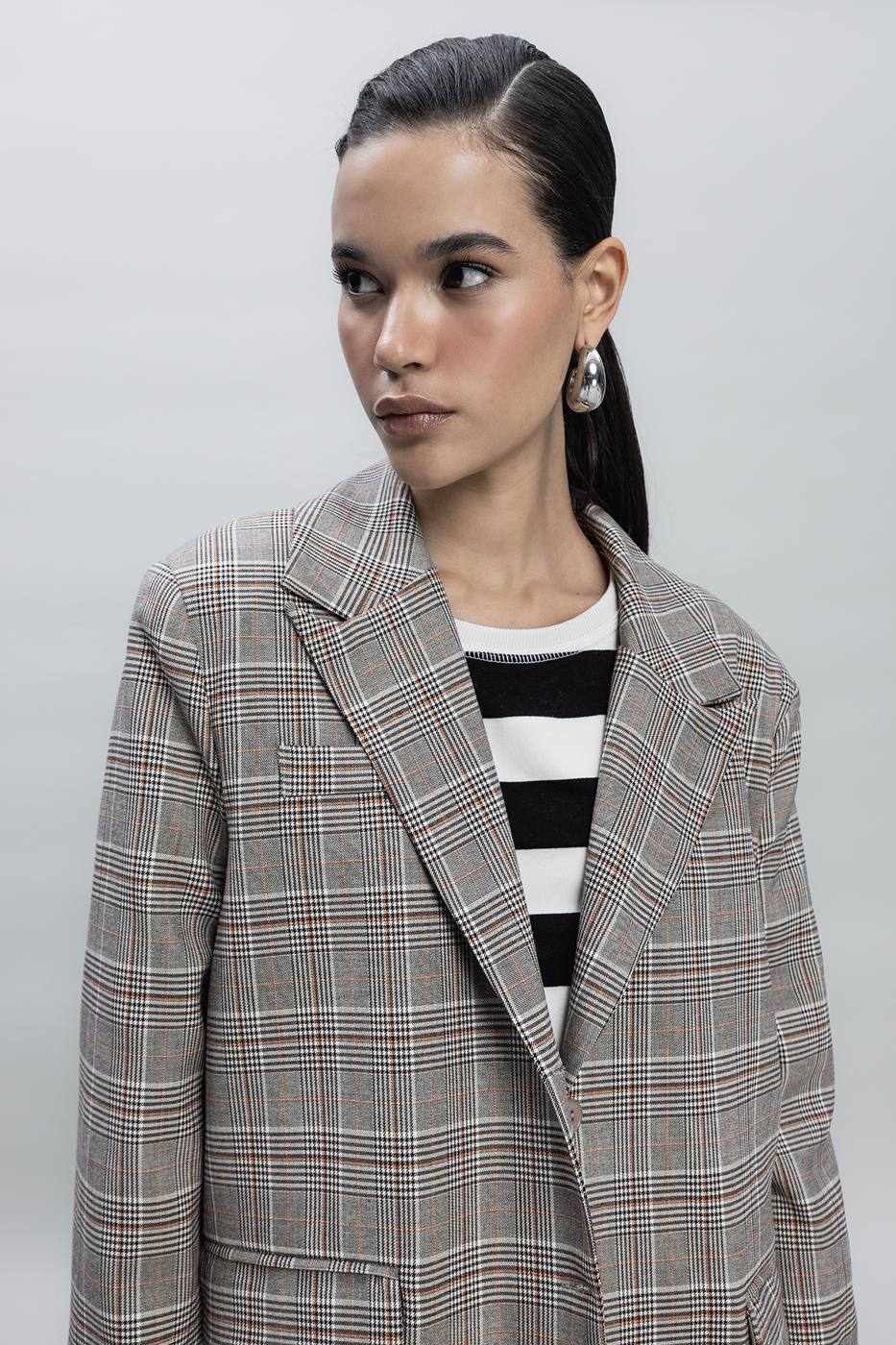 Bayan Gri Ekoseli Oversize Blazer Ceket
